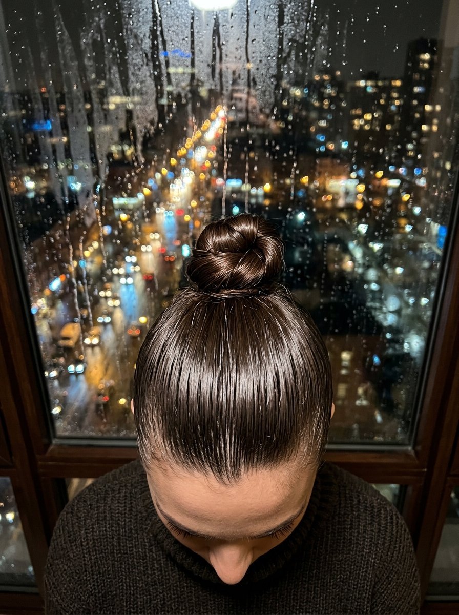 Close up of a sleek, dark brown hair bun against a window covered in raindrops at night.