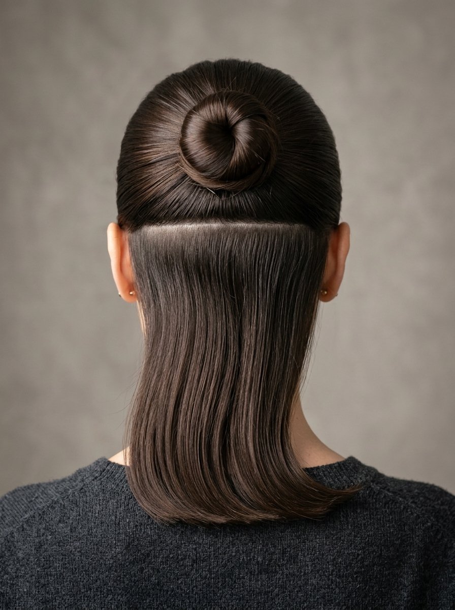 Back view of a person with straight brown hair featuring a circular bun on top and loose hair falling below.