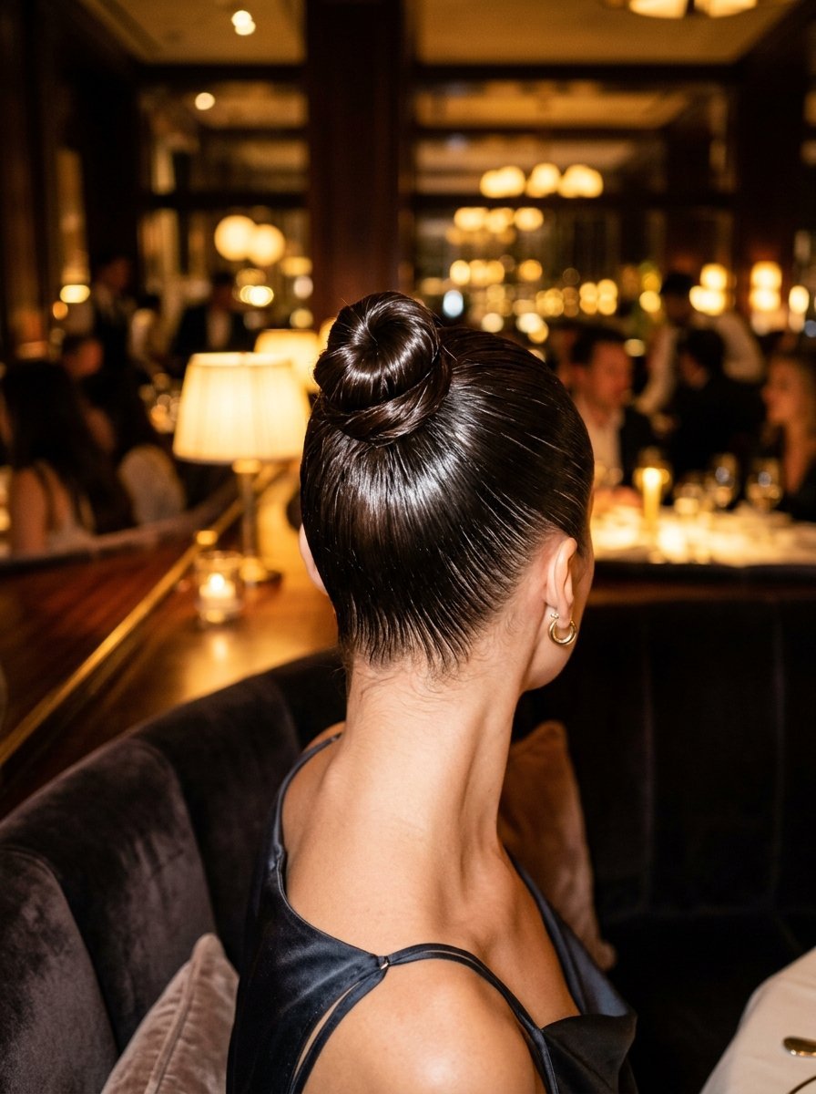 Close up rear view of a woman wearing a tight, shiny high bun hairstyle while sitting at a candlelit table.