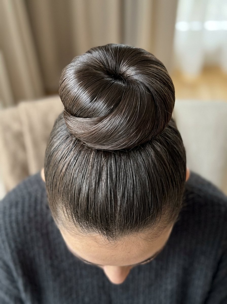 Close up overhead view of a woman with dark brown hair styled in a tight and shiny high bun.