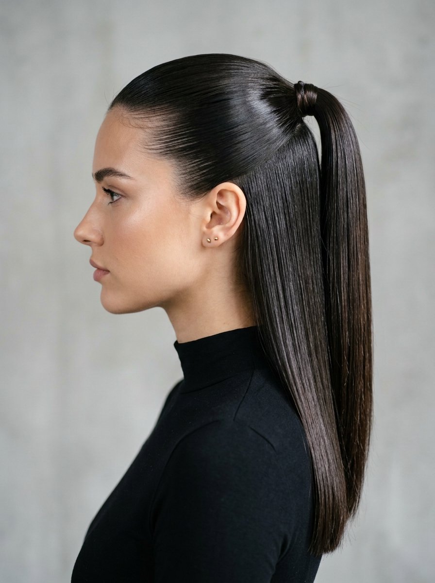 Side profile of a woman with long, straight brown hair styled in a smooth, high ponytail wearing a black turtleneck.