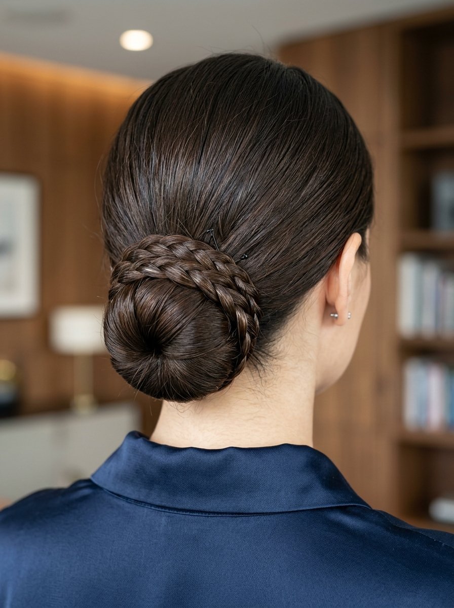 Back view of a woman wearing a smooth dark brown low bun wrapped with a neat braided section of hair.