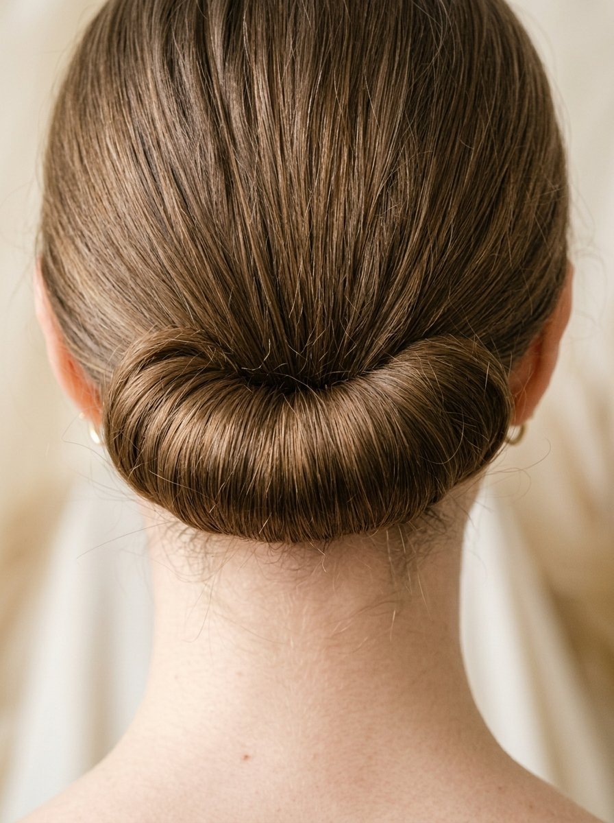 Close up view of the back of a woman's head featuring an elegant low chignon hairstyle.