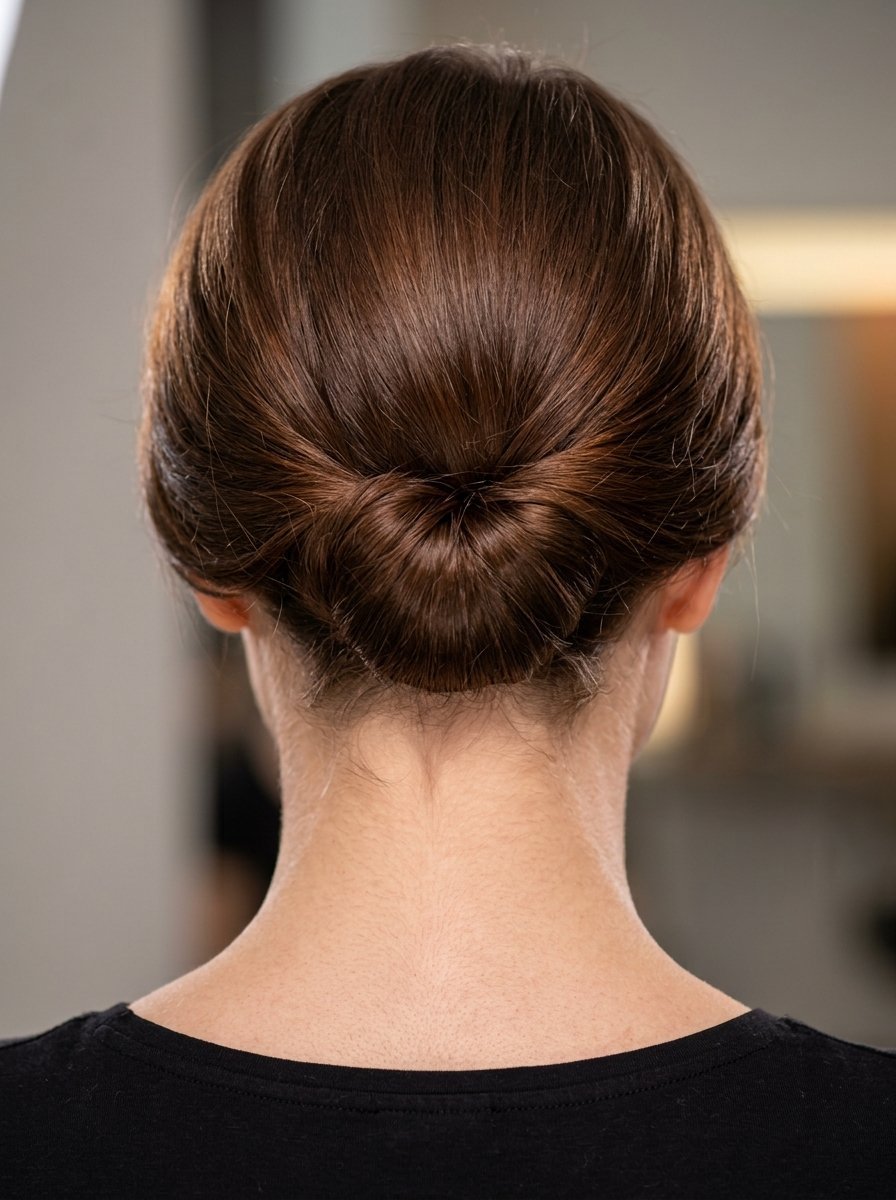 Back view of a person with straight brown hair styled into a neat, minimalist low bun against a black shirt.