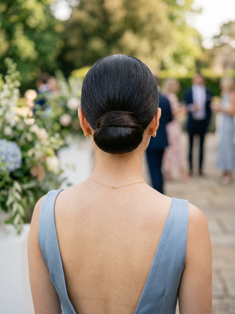 Back view of a woman wearing a blue backless dress and a tight, neat low bun hairstyle at an outdoor event.