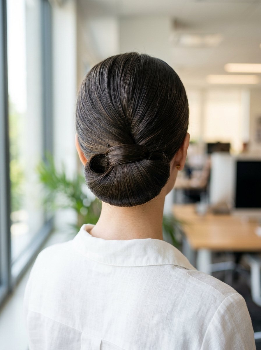 Rear view of a woman wearing a white shirt and a polished low chignon hairstyle in an office setting.