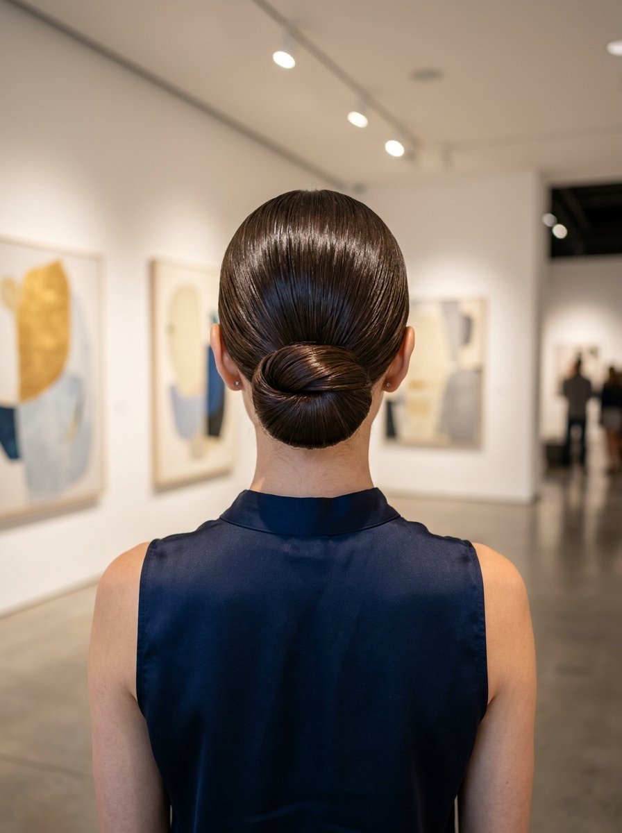 Rear view of a person with dark hair styled in a smooth, elegant low bun wearing a navy blue top in a gallery.