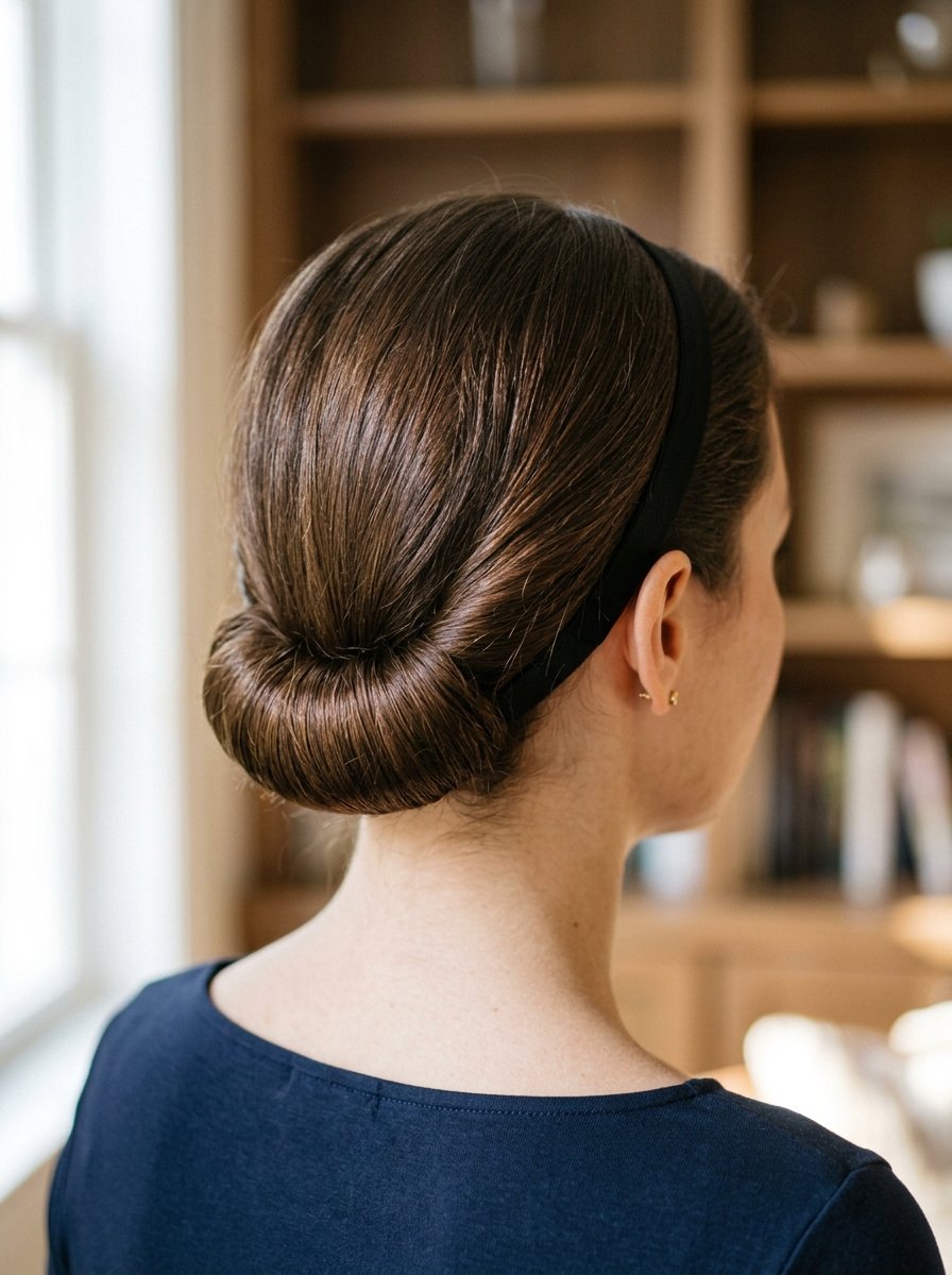 Back view of a person with brown hair pulled into a neat low chignon accented by a thin black headband.