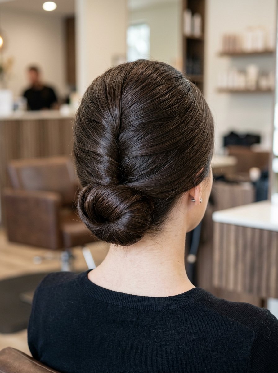 Close up rear view of a woman with sleek dark hair styled in a sophisticated low twist and bun in a salon.