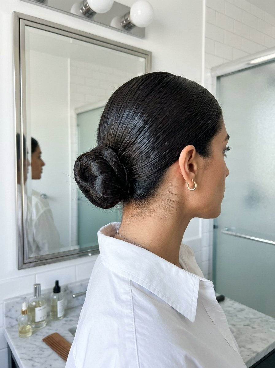 Close-up profile of a person with dark, slicked-back hair styled in a tight bun wearing a white collared shirt.