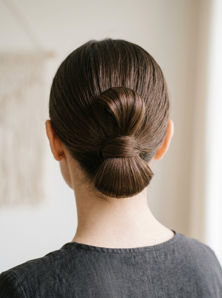 Rear view of a woman with dark brown hair styled in a minimalist low bun with a centered loop.