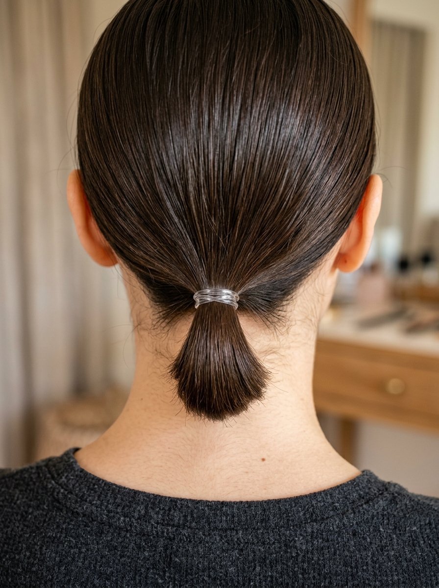 Close-up back view of a person with straight brown hair secured with a transparent plastic hair tie.