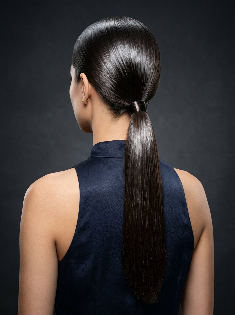 Back view of a woman featuring a polished, smooth dark brown ponytail against a dark background.