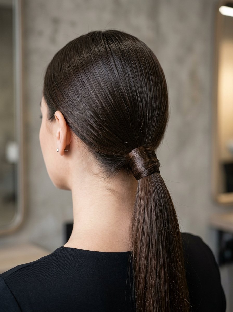 Back view of a woman wearing a smooth, dark brown ponytail with a wrapped strand hiding the elastic band.