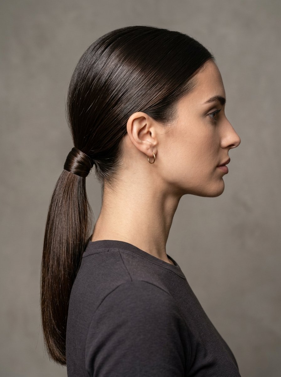 Side profile of a woman with her straight dark hair tied back in a smooth, minimalist low ponytail.