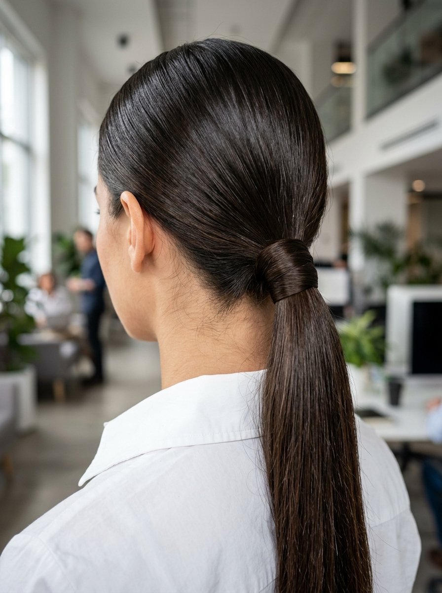 Close up rear view of a woman with sleek dark hair styled in a low ponytail wrapped with a section of hair.