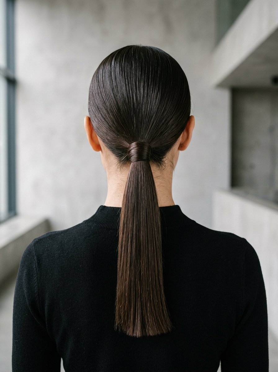 Rear view of a person with dark straight hair styled in a tight low ponytail with a wrapped hair tie.