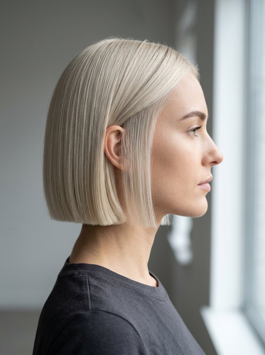 Side profile of a woman with short, straight, platinum-toned hair cut into a blunt style.
