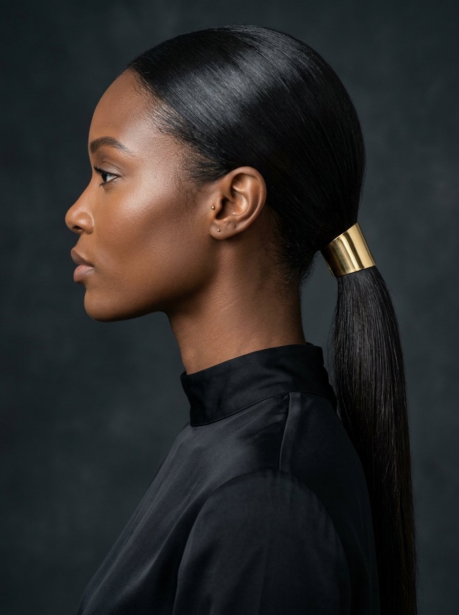 Side profile of a woman with long straight dark hair tied back in a sleek ponytail secured by a polished gold accessory.