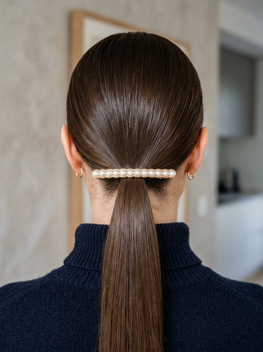 Back view of a woman with a smooth low ponytail secured by a decorative gold hair clip with round white pearls.