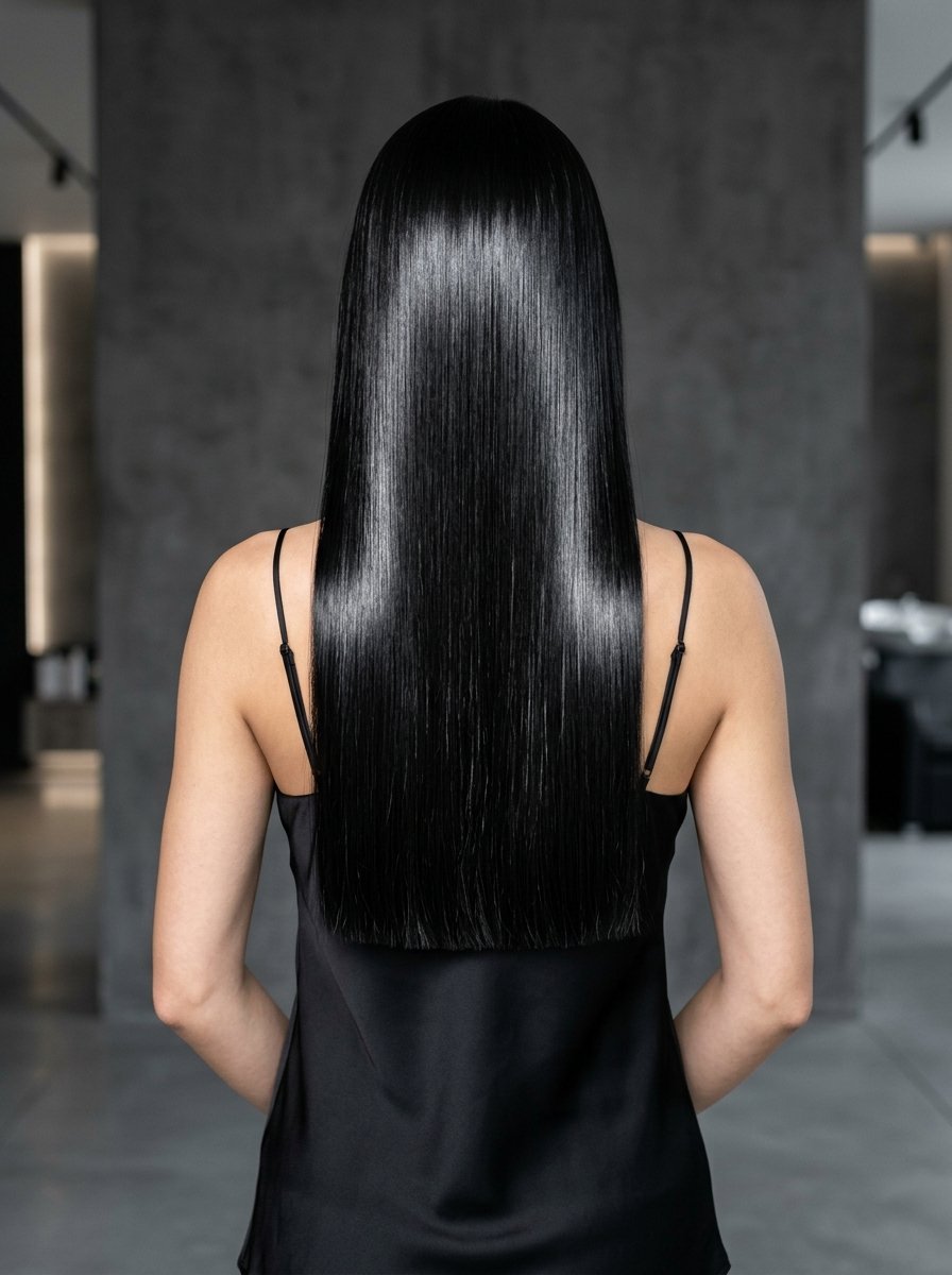Rear view of a person with perfectly straight, shiny, dark hair reaching their shoulder blades in a silk top.