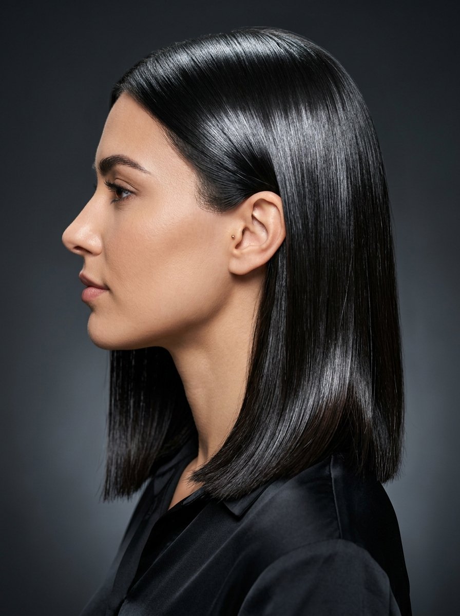 Side view of a woman featuring glossy, shoulder-length straight hair tucked behind her ear.