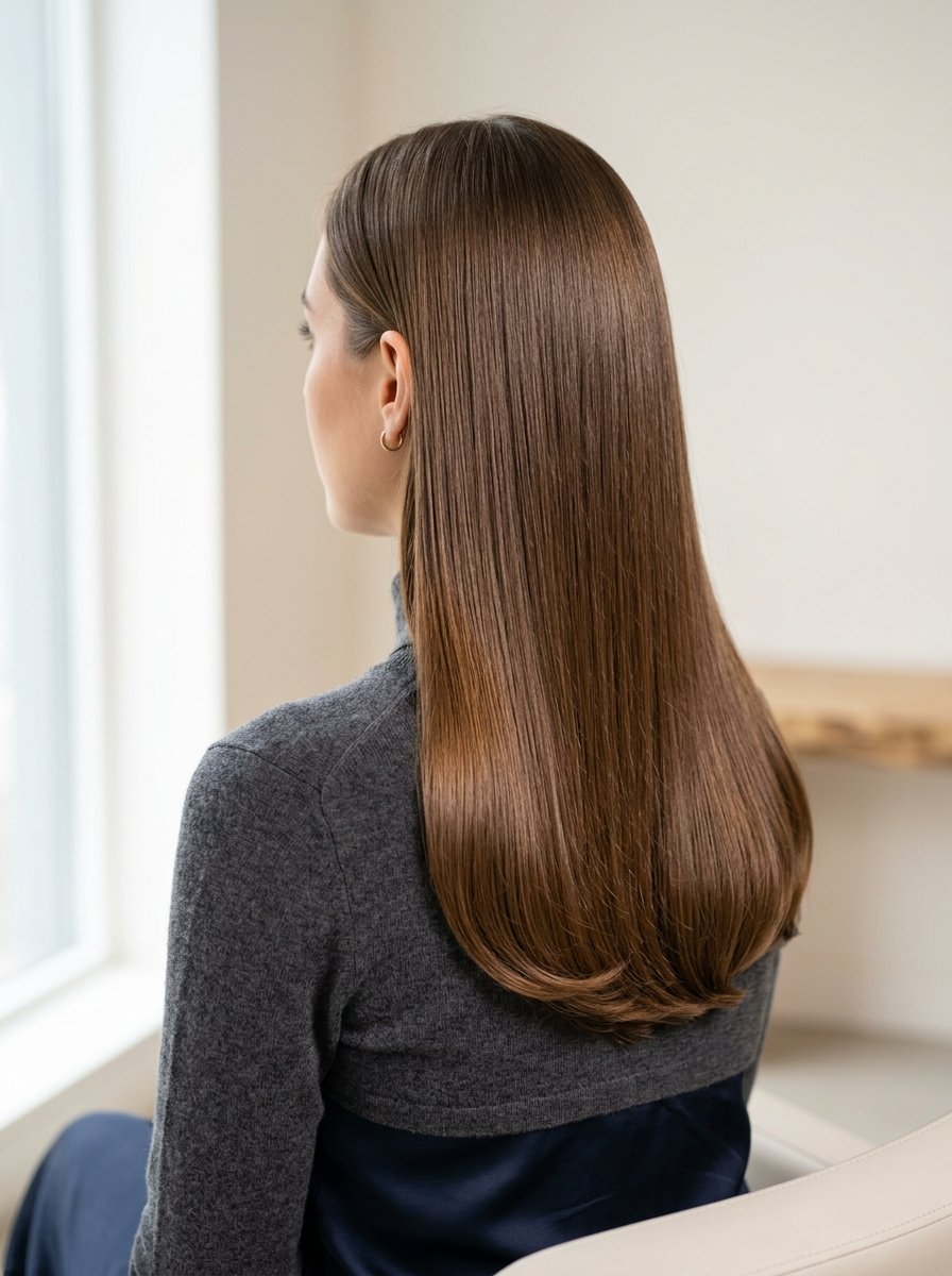 Back view of a woman with healthy, silky smooth chestnut hair wearing a grey sweater.