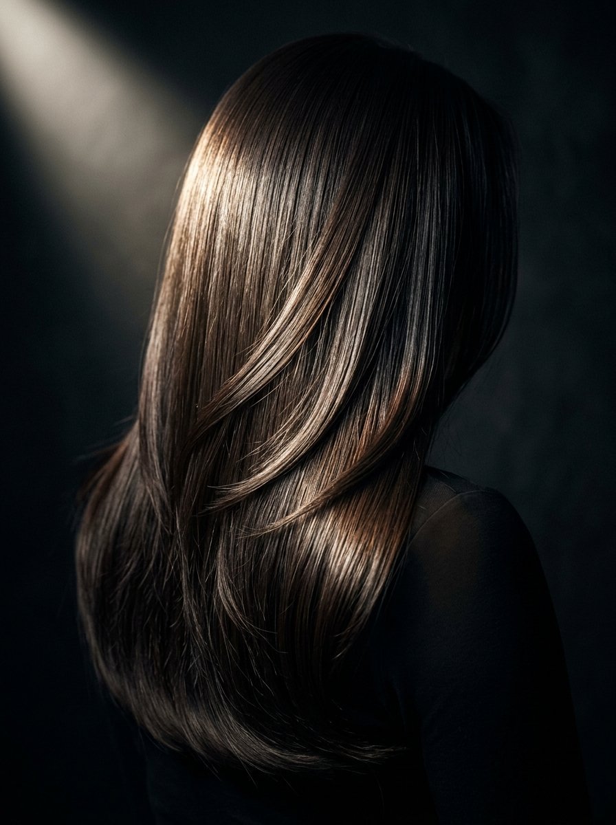 Back view of a person with straight, layered dark brown hair highlighted by a beam of light against a dark background.