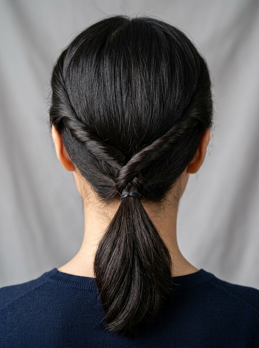 Back view of a person with dark hair styled into two side twists meeting at a low ponytail.