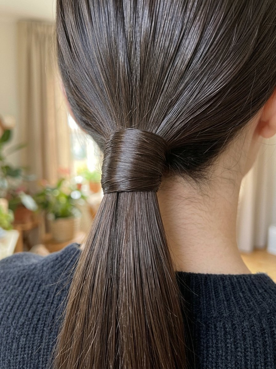 Close up rear view of a person with glossy dark brown hair styled in a minimalist, hair-wrapped low ponytail.