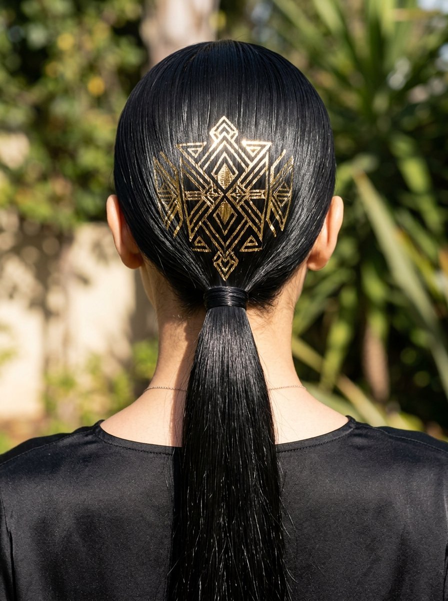 Back view of a person with straight black hair tied back, featuring a gold foil pattern applied to the crown.