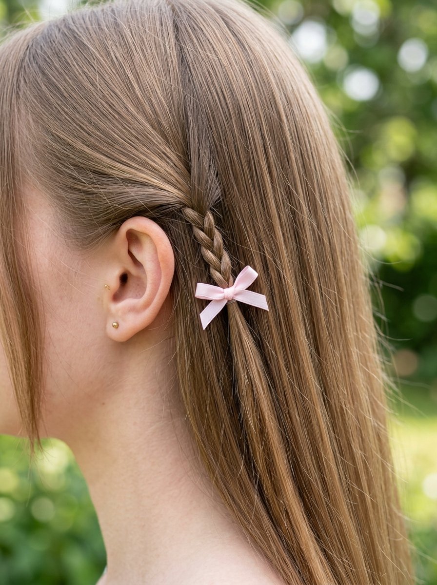 Close-up of a woman's hair with a tiny braided section decorated by a pastel pink bow accessory.