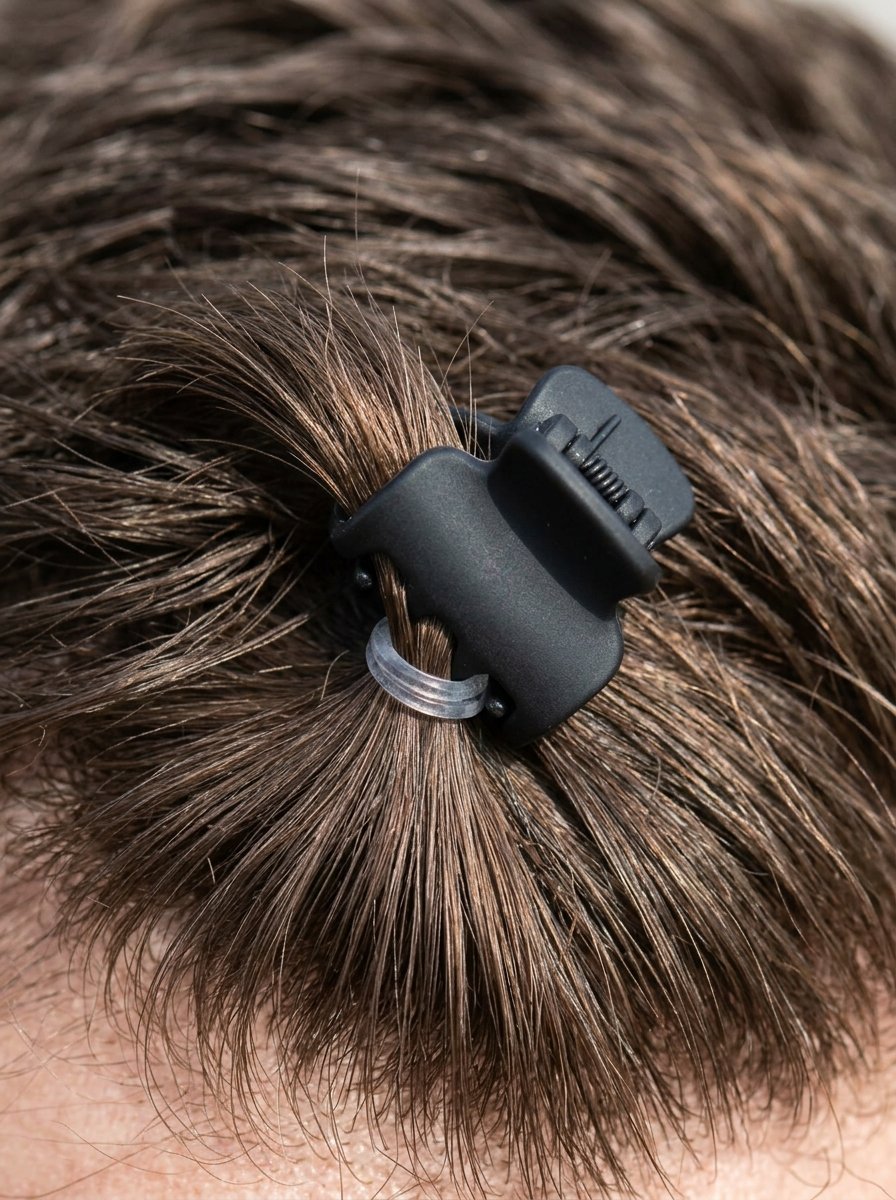 Close up of a dark plastic hair clip holding a strand of brown hair against a textured background.