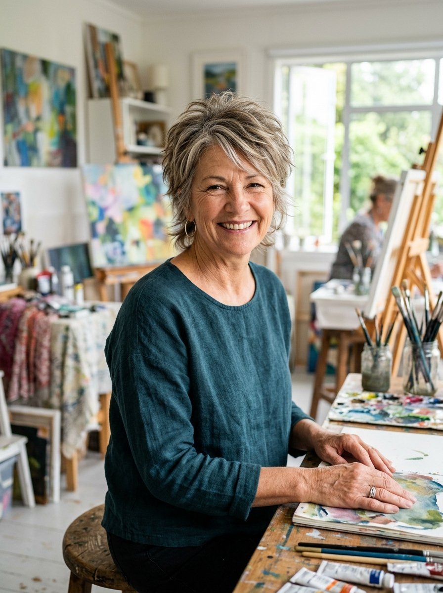 A woman with short grey hair and a teal top painting at a wooden table in a sunlit art studio.