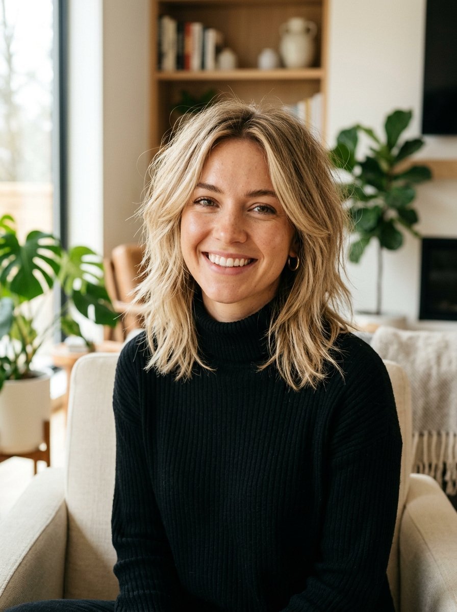 Portrait of a blonde woman wearing a black turtleneck sitting in a bright room with indoor plants and bookshelves.