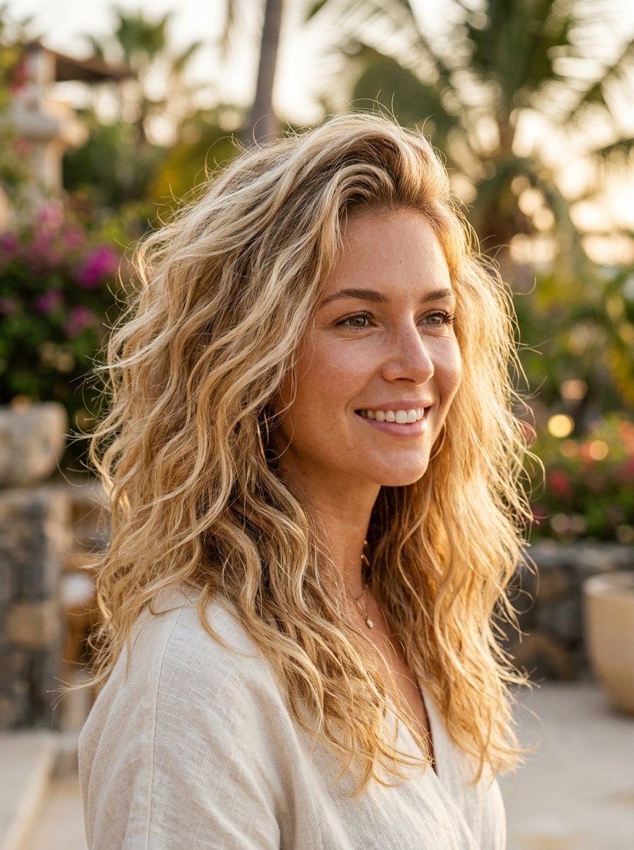 Portrait of a smiling woman with wavy blonde hair backlit by warm sunset light outdoors.