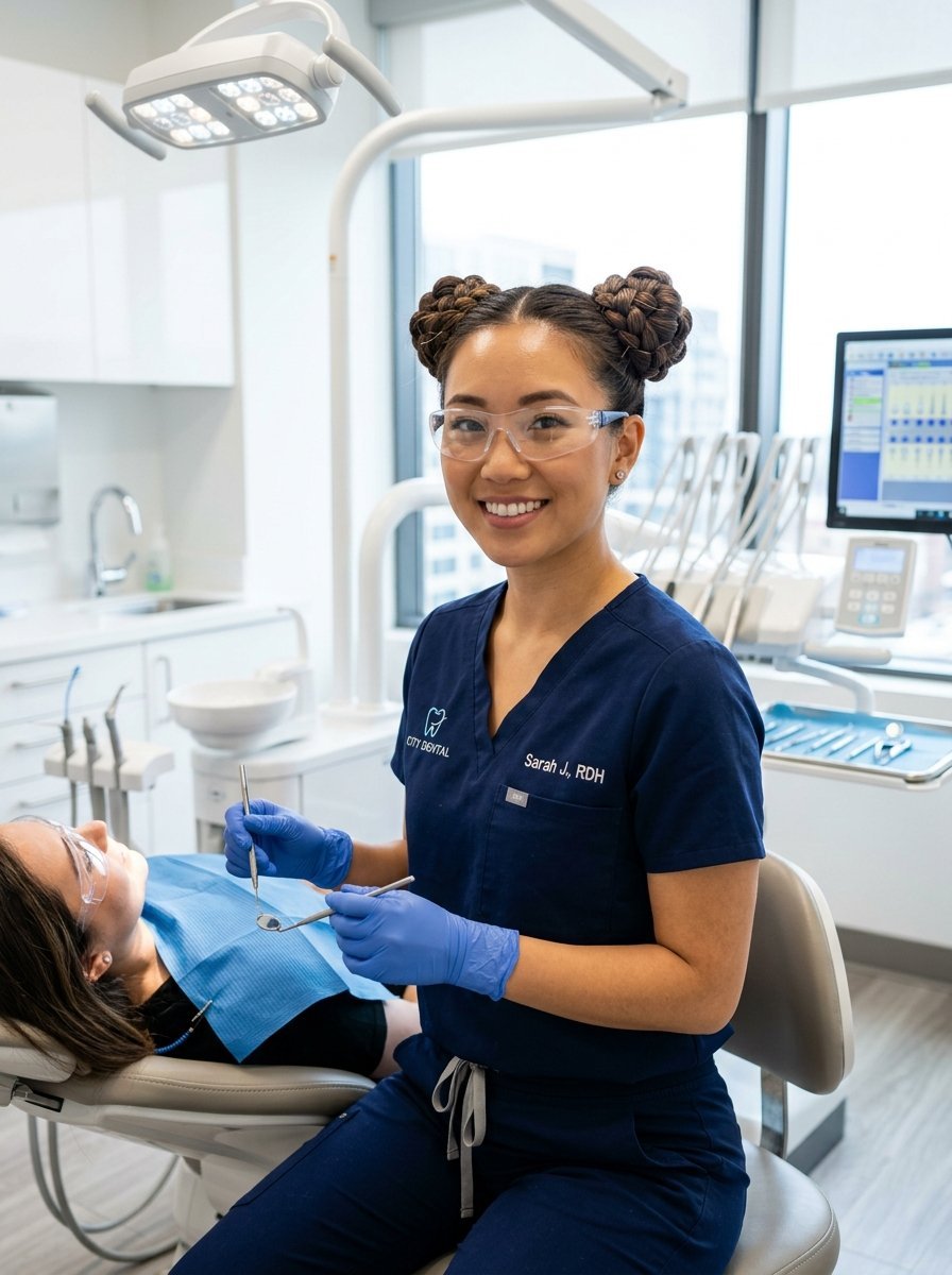 A dental hygienist in blue scrubs and protective glasses poses while holding a mouth mirror near a patient.