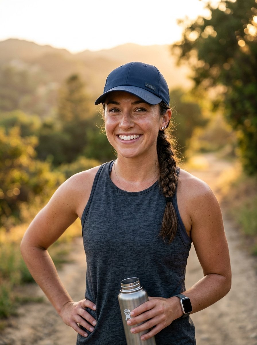 Smiling female hiker in a navy cap holding a silver water bottle on a dusty path.