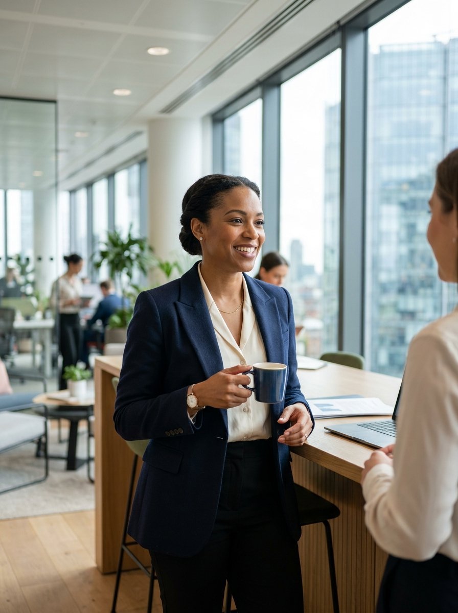 Smiling woman in a navy blazer stands at a tall desk with a blue coffee cup while talking to a colleague.
