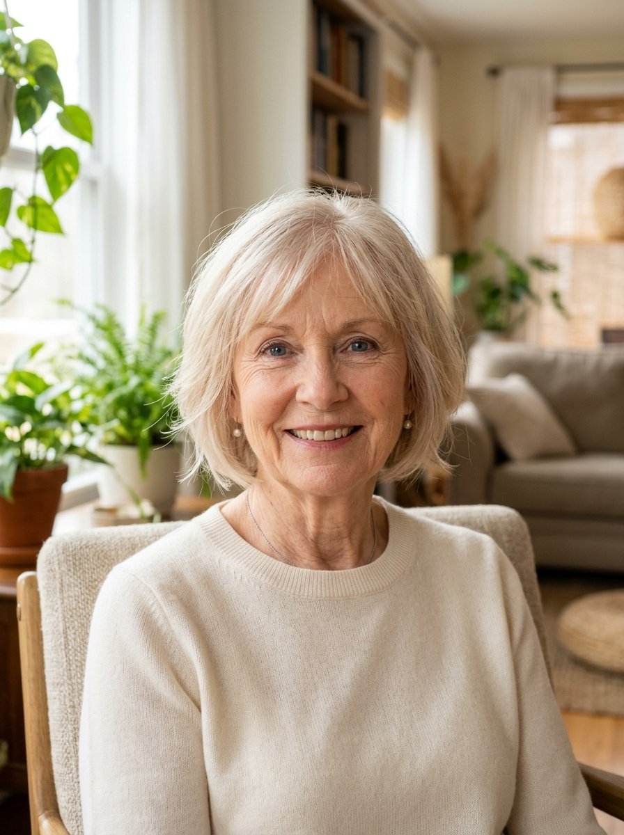 A smiling older woman with short blonde hair wearing a beige sweater, posing in a sunlight-filled home interior.