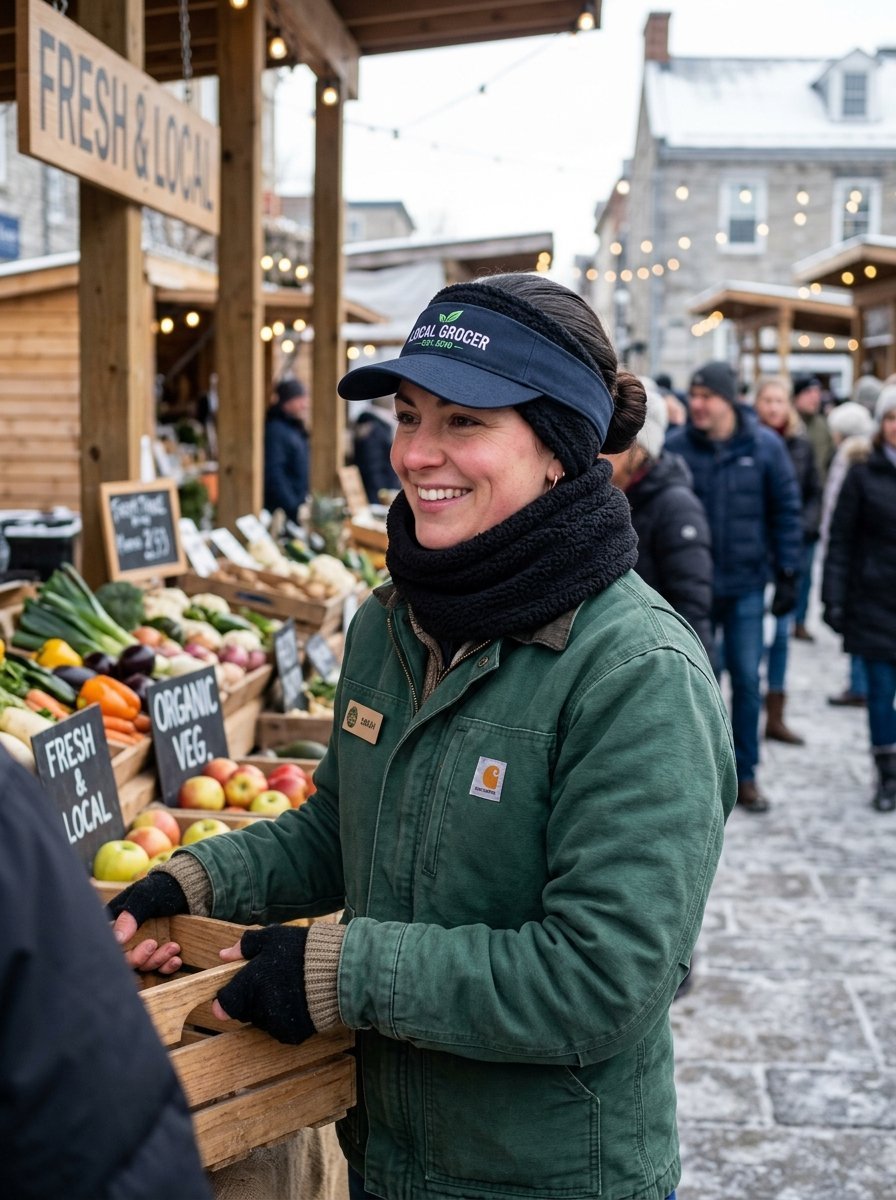 A woman in a green jacket and black visor works behind a crate of apples at a cold weather farmers market.