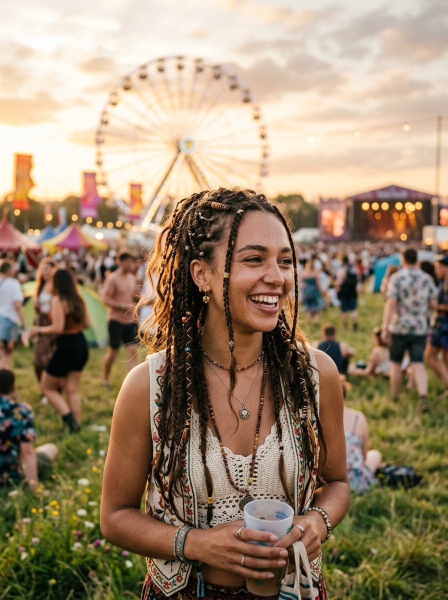Close-up of a smiling woman with braided hair holding a drink at a sunny outdoor music festival with a ferris wheel.
