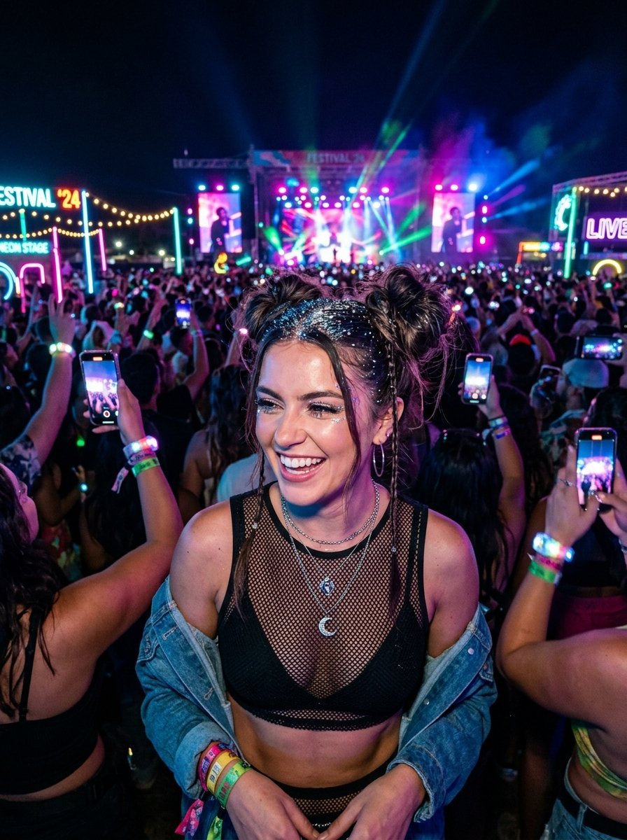 Close up of a woman with glittery hair and makeup laughing amidst a crowded nighttime music festival concert.