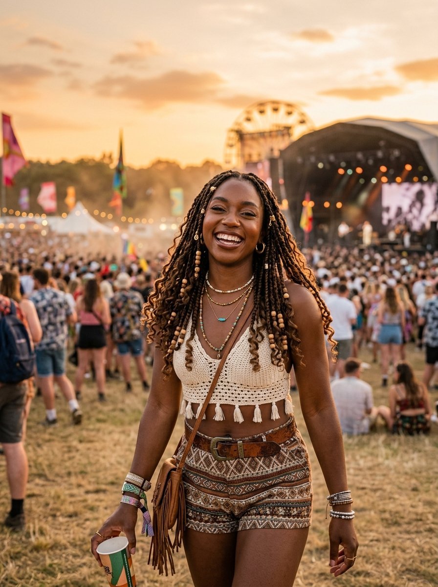 A joyful woman wearing a crochet top and patterned shorts stands in a crowded field at a sunset music event.