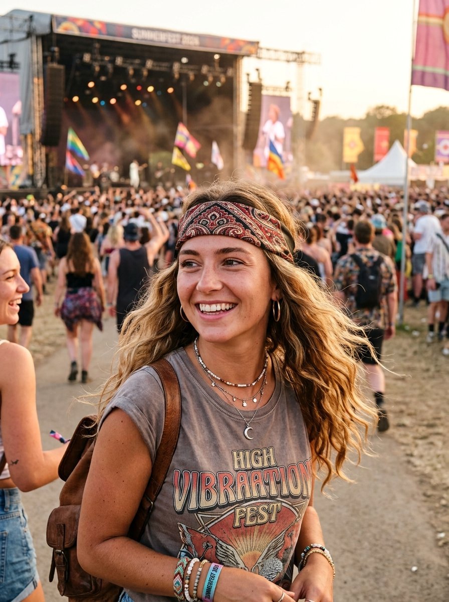 Young woman with blonde wavy hair smiling during an outdoor music festival with a concert stage in the background.