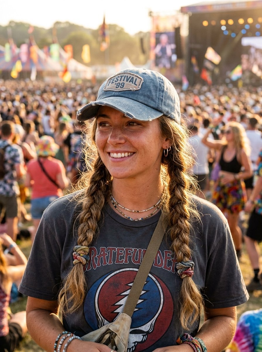 Portrait of a smiling woman with braided hair wearing a distressed blue baseball cap at an outdoor music festival.