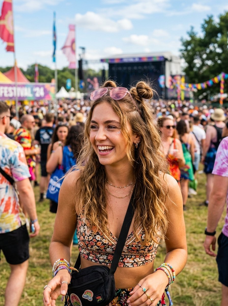 Close-up of a happy woman with space buns and pink sunglasses at a crowded outdoor summer music festival.
