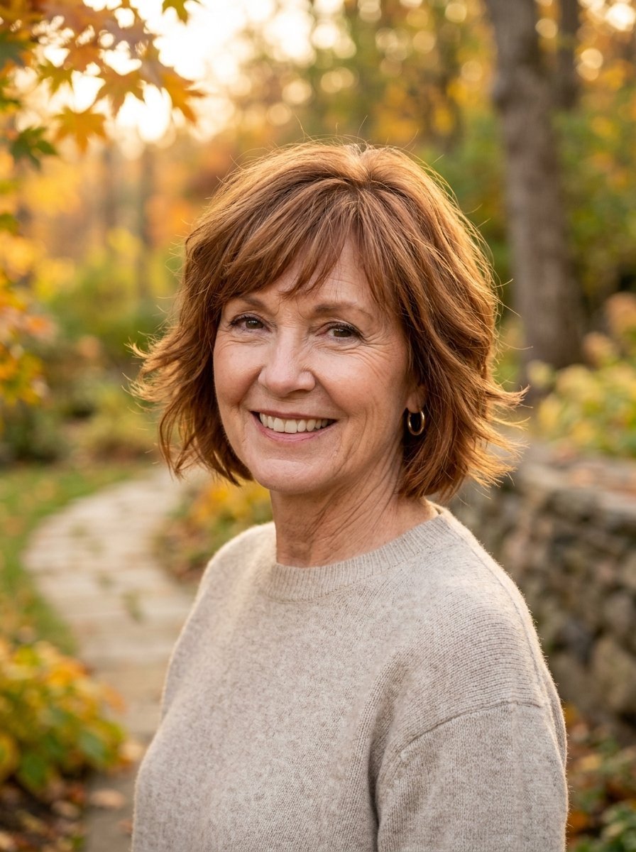 Portrait of a mature woman with chin-length auburn hair smiling outdoors among colorful fall foliage.