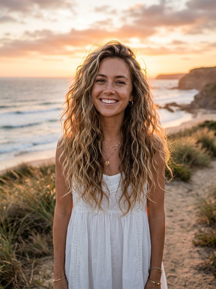 Portrait of a joyful woman in a white dress standing on a coastal path during a golden sunset.