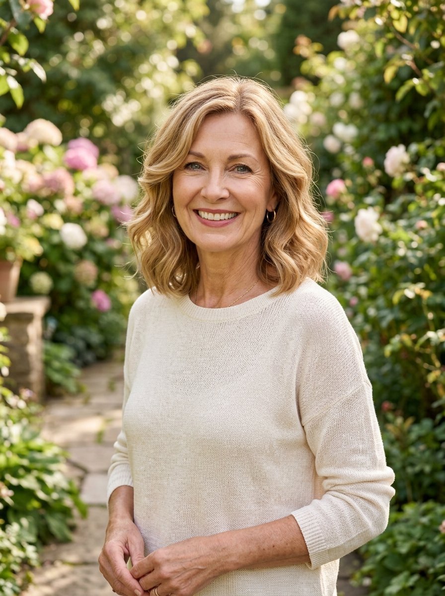 Blonde woman wearing a cream sweater standing on a stone pathway surrounded by blooming rose bushes.